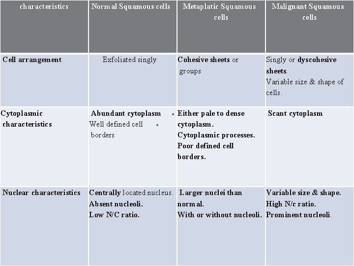 characteristics Cell arrangement Normal Squamous cells Metaplatic Squamous cells Exfoliated singly Malignant Squamous cells characteristics Cell arrangement Normal Squamous cells Metaplatic Squamous cells Exfoliated singly Malignant Squamous cells