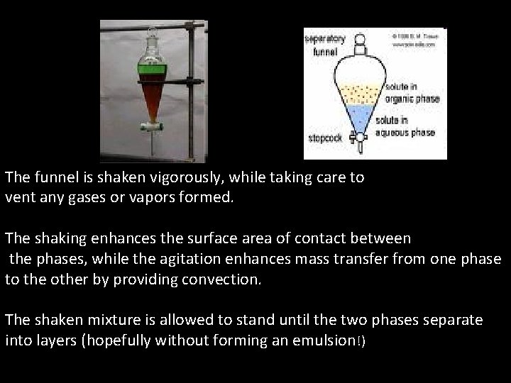 The funnel is shaken vigorously, while taking care to vent any gases or vapors