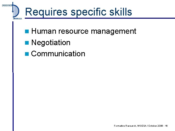Requires specific skills n Human resource management n Negotiation n Communication Formative Research, WGESA