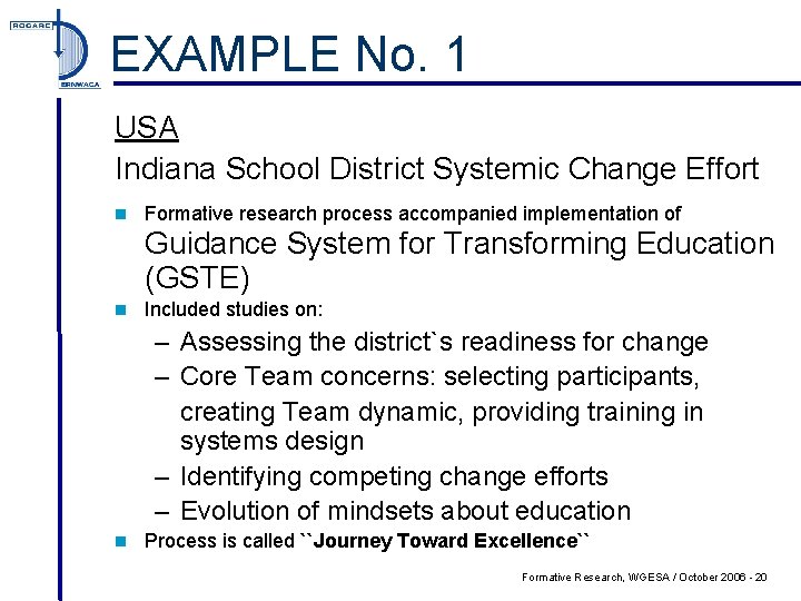 EXAMPLE No. 1 USA Indiana School District Systemic Change Effort n Formative research process