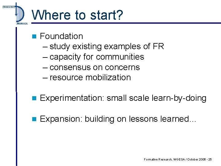 Where to start? n Foundation – study existing examples of FR – capacity for