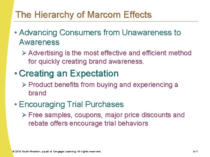 The Hierarchy of Marcom Effects • Advancing Consumers from Unawareness to Awareness Ø Advertising