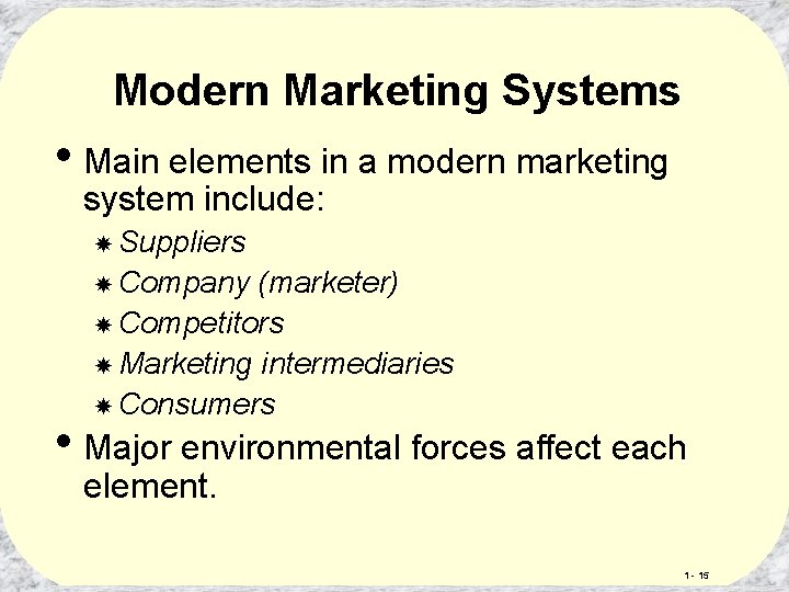Modern Marketing Systems • Main elements in a modern marketing system include: Suppliers Company