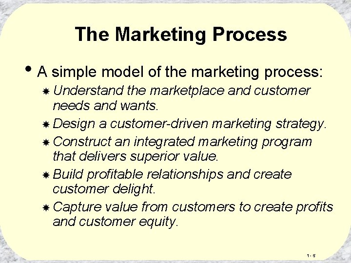 The Marketing Process • A simple model of the marketing process: Understand the marketplace
