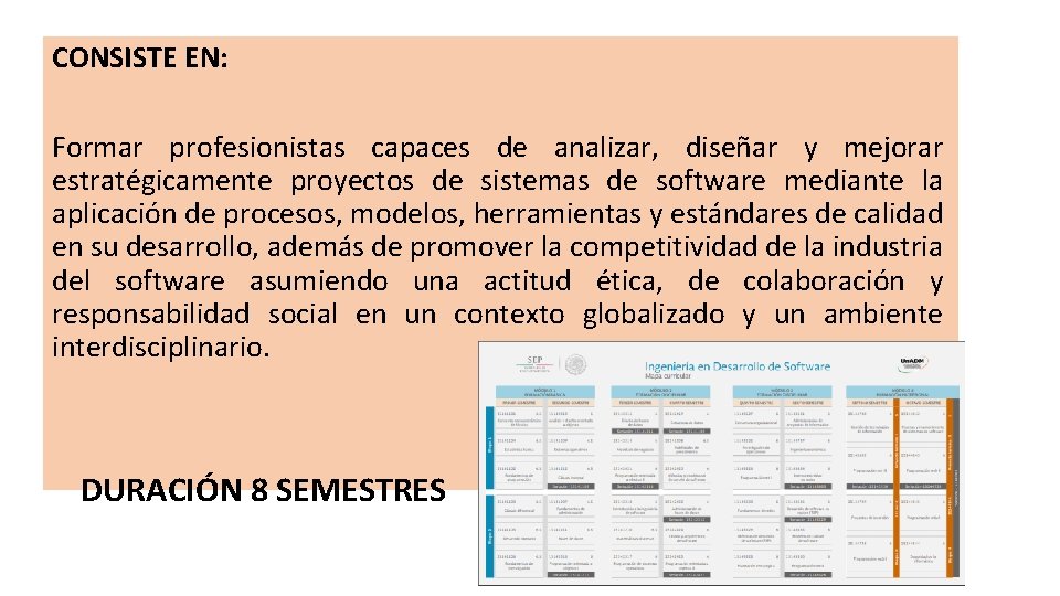 CONSISTE EN: Formar profesionistas capaces de analizar, diseñar y mejorar estratégicamente proyectos de sistemas