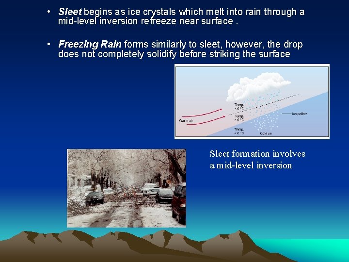  • Sleet begins as ice crystals which melt into rain through a mid-level