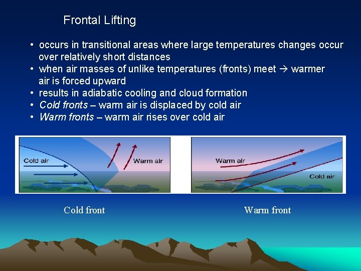 Frontal Lifting • occurs in transitional areas where large temperatures changes occur over relatively