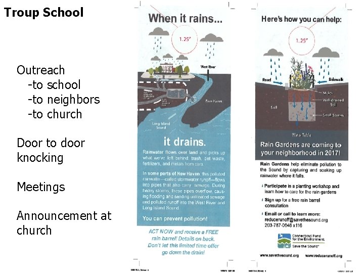 Troup School Outreach -to school -to neighbors -to church Door to door knocking Meetings