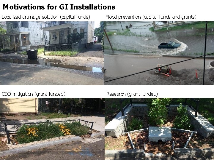 Motivations for GI Installations Localized drainage solution (capital funds) Flood prevention (capital funds and