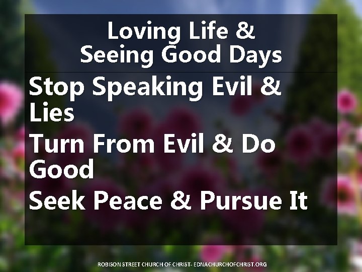 Loving Life & Seeing Good Days Stop Speaking Evil & Lies Turn From Evil