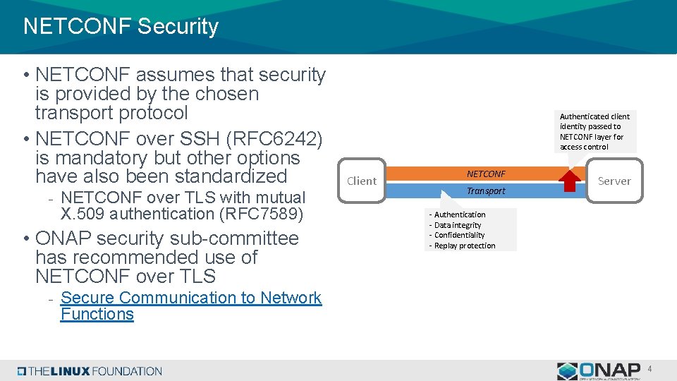 NETCONF Security • NETCONF assumes that security is provided by the chosen transport protocol