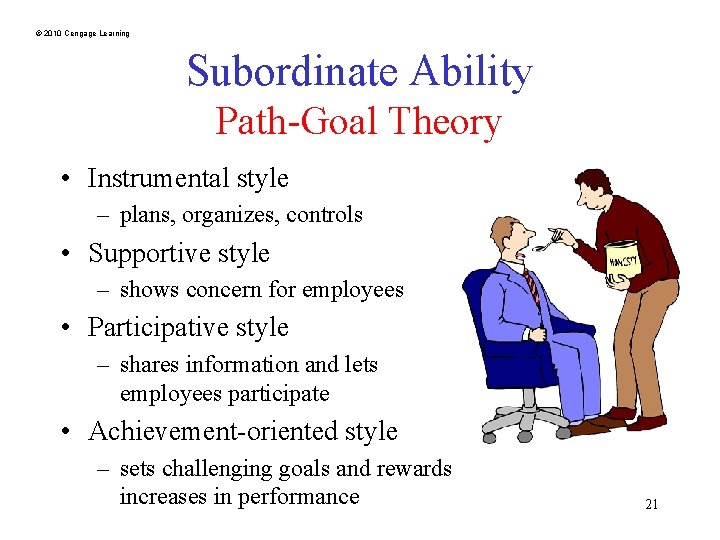 © 2010 Cengage Learning Subordinate Ability Path-Goal Theory • Instrumental style – plans, organizes,