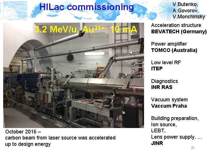 HILac commissioning 3. 2 Me. V/u, Au 31+, 10 m. A V. Butenko, A.