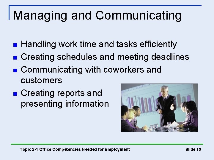 Managing and Communicating n n Handling work time and tasks efficiently Creating schedules and Managing and Communicating n n Handling work time and tasks efficiently Creating schedules and