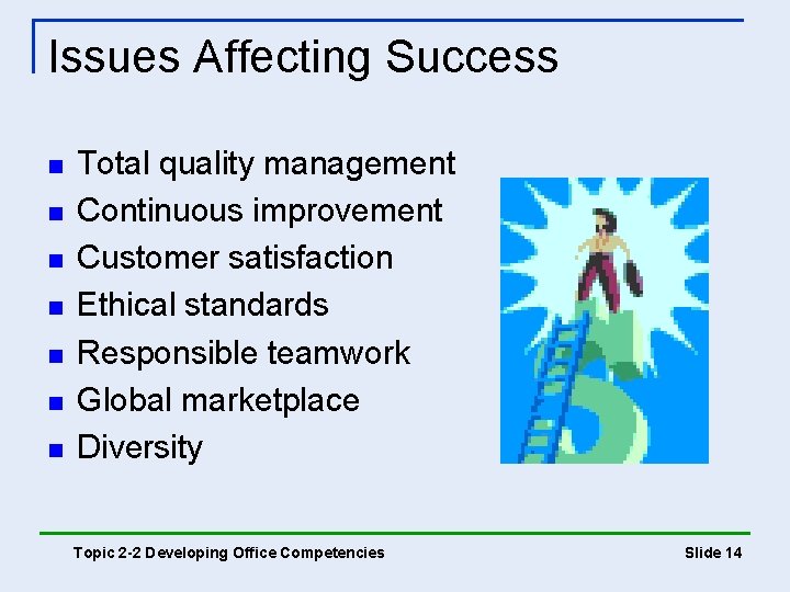 Issues Affecting Success n n n n Total quality management Continuous improvement Customer satisfaction Issues Affecting Success n n n n Total quality management Continuous improvement Customer satisfaction