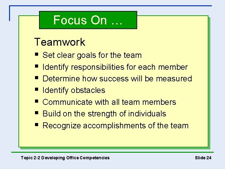 Focus On … Teamwork § § § § Set clear goals for the team Focus On … Teamwork § § § § Set clear goals for the team