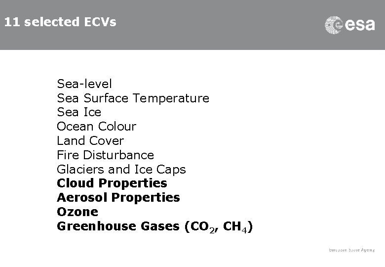 11 selected ECVs 11 Sea-level ECVs Sea Surface Temperature Sea Ice Ocean Colour Land