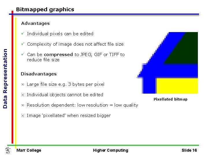 Bitmapped graphics Advantages ü Individual pixels can be edited Data Representation ü Complexity of