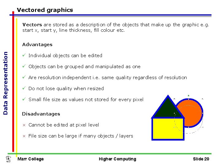Vectored graphics Vectors are stored as a description of the objects that make up