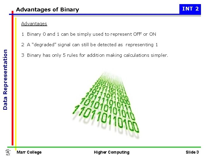 INT 2 Advantages of Binary Advantages 1 Binary 0 and 1 can be simply