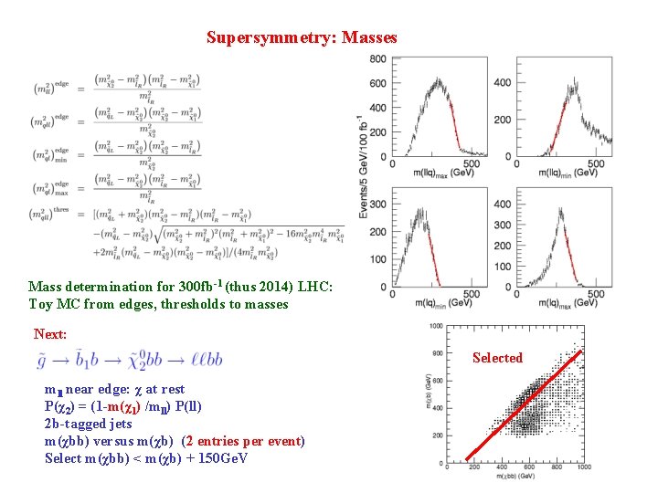 Supersymmetry: Masses Mass determination for 300 fb-1 (thus 2014) LHC: Toy MC from edges,