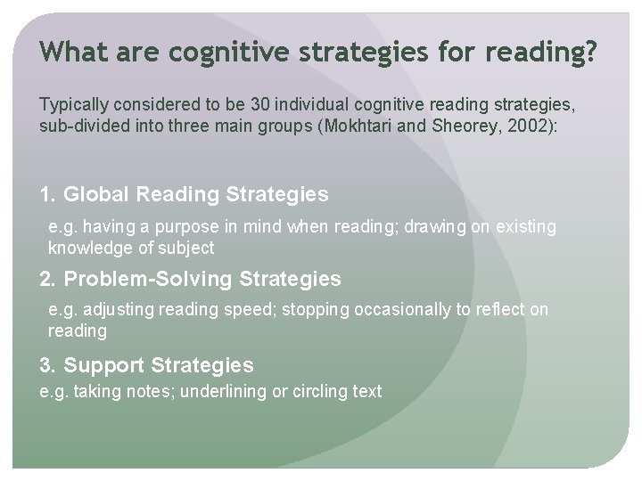 What are cognitive strategies for reading? Typically considered to be 30 individual cognitive reading