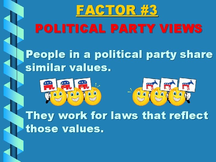 FACTOR #3 POLITICAL PARTY VIEWS People in a political party share similar values. They