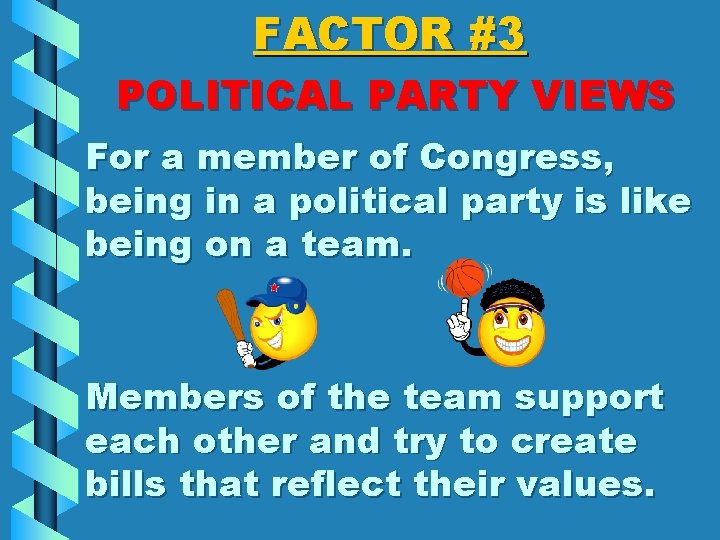 FACTOR #3 POLITICAL PARTY VIEWS For a member of Congress, being in a political