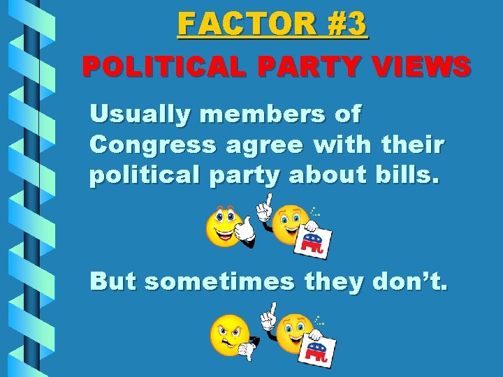 FACTOR #3 POLITICAL PARTY VIEWS Usually members of Congress agree with their political party