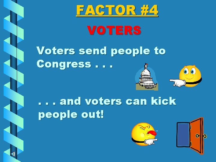 FACTOR #4 VOTERS Voters send people to Congress. . . and voters can kick