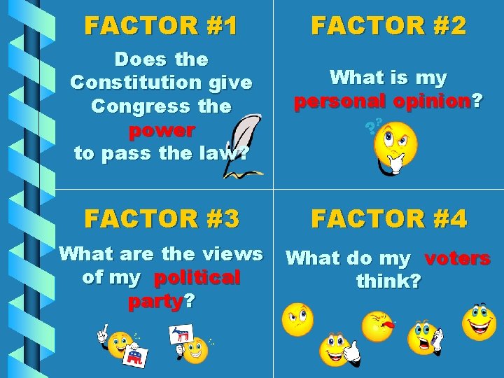 FACTOR #1 Does the Constitution give Congress the power to pass the law? FACTOR