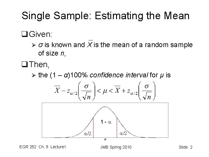Single Sample: Estimating the Mean q Given: Ø σ is known and X is