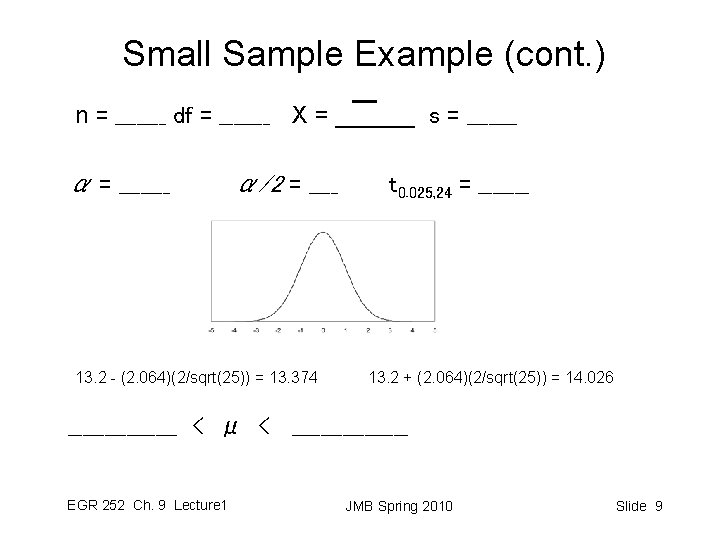 Small Sample Example (cont. ) n = _______ df = _______ X = ______