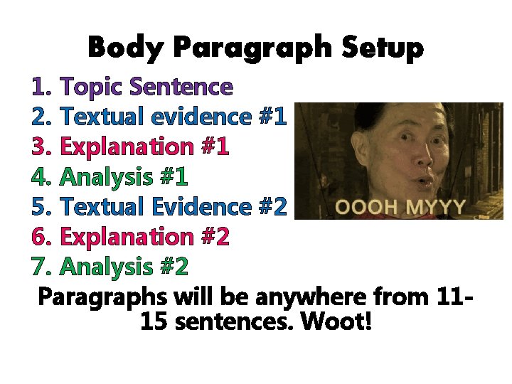 Body Paragraph Setup 1. Topic Sentence 2. Textual evidence #1 3. Explanation #1 4.