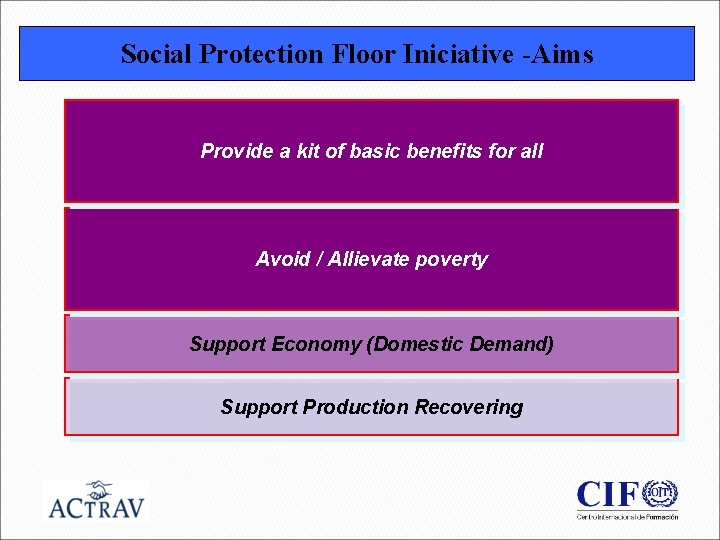 Social Protection Floor Iniciative -Aims Provide a kit of basic benefits for all Avoid