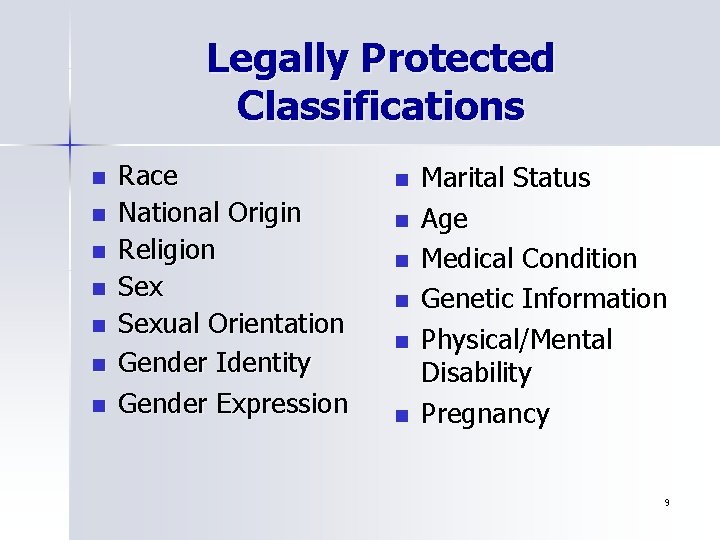 Legally Protected Classifications n n n n Race National Origin Religion Sexual Orientation Gender