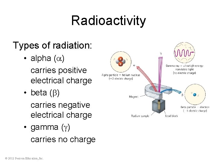 Radioactivity Types of radiation: • alpha ( ) carries positive electrical charge • beta