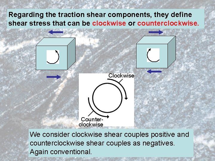 Regarding the traction shear components, they define shear stress that can be clockwise or