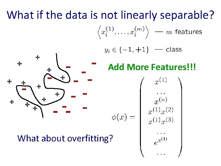 What if the data is not linearly separable? Add More Features!!! What about overfitting?