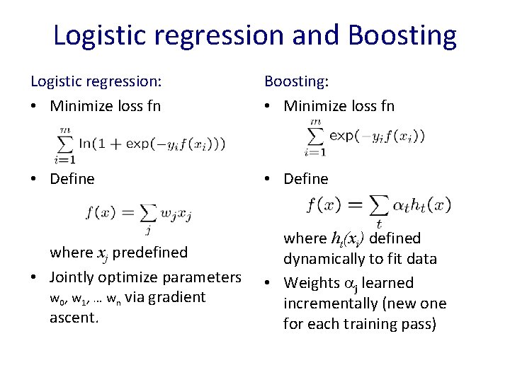 Logistic regression and Boosting Logistic regression: • Minimize loss fn Boosting: • Minimize loss