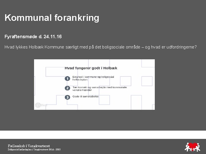 Kommunal forankring Fyraftensmøde d. 24. 11. 16 Hvad lykkes Holbæk Kommune særligt med på