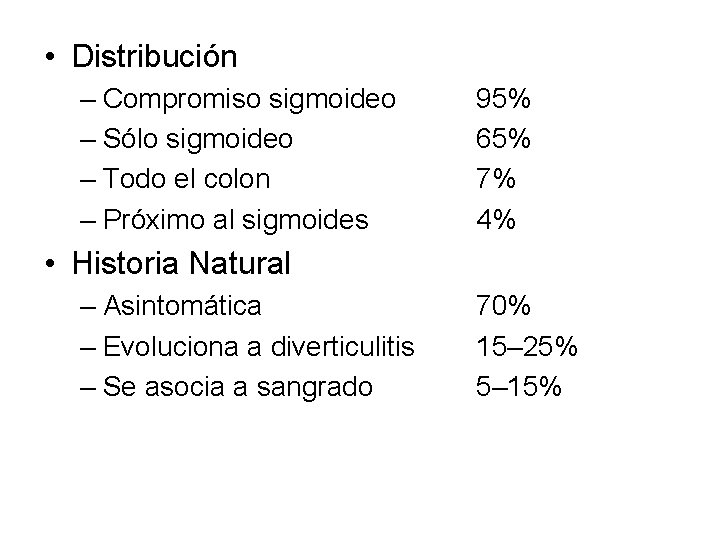  • Distribución – Compromiso sigmoideo – Sólo sigmoideo – Todo el colon –