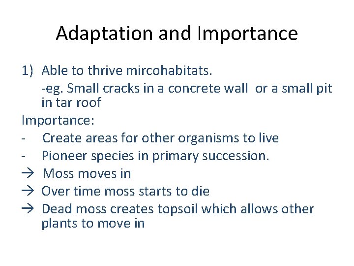 Adaptation and Importance 1) Able to thrive mircohabitats. -eg. Small cracks in a concrete