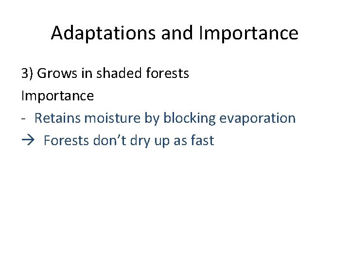 Adaptations and Importance 3) Grows in shaded forests Importance - Retains moisture by blocking