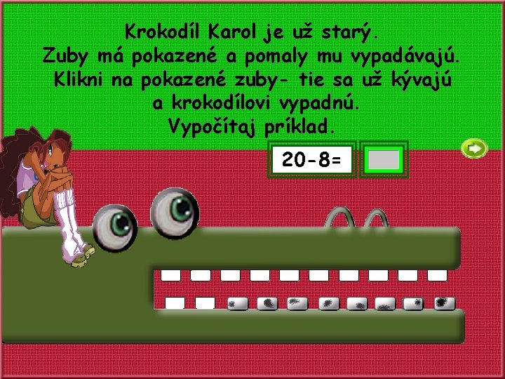 Krokodíl Karol je už starý. Zuby má pokazené a pomaly mu vypadávajú. Klikni na