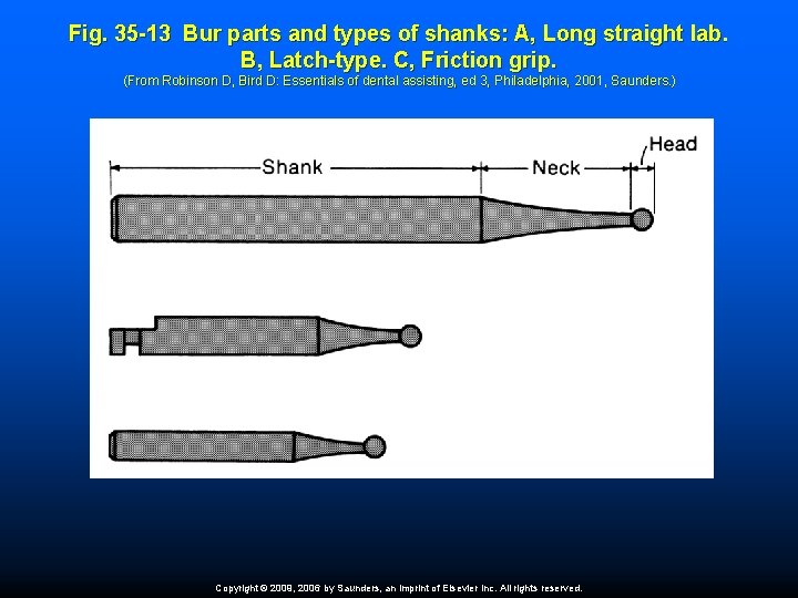 Fig. 35 -13 Bur parts and types of shanks: A, Long straight lab. B,