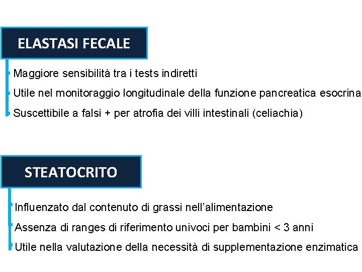 ELASTASI FECALE Maggiore sensibilità tra i tests indiretti Utile nel monitoraggio longitudinale della funzione