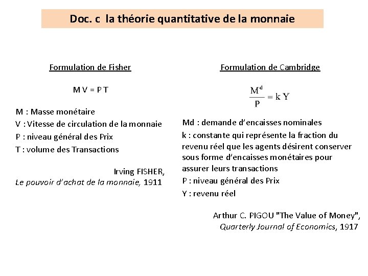 Doc. c la théorie quantitative de la monnaie Formulation de Fisher Formulation de Cambridge