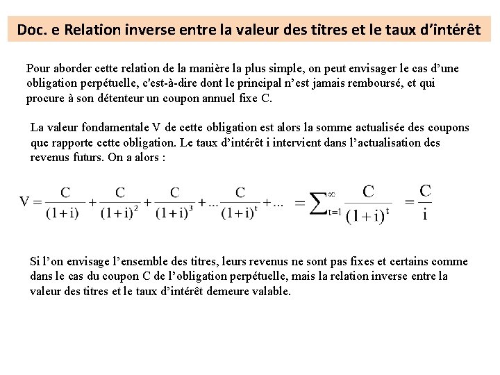 Doc. e Relation inverse entre la valeur des titres et le taux d’intérêt Pour