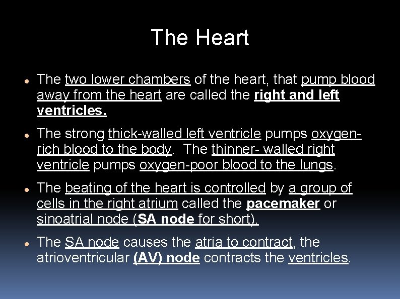 The Heart The two lower chambers of the heart, that pump blood away from